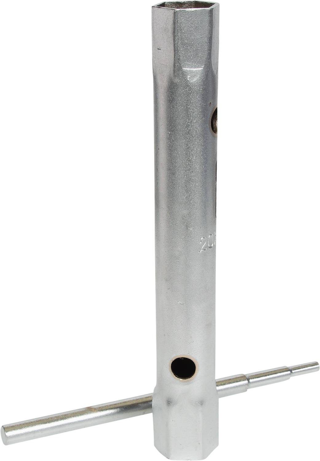 Ein silberfarbener Zündkerzenschlüssel aus Metall, sechseckig mit einem beweglichen Stab als Griff. Verwendet für Fahrzeugwartung.