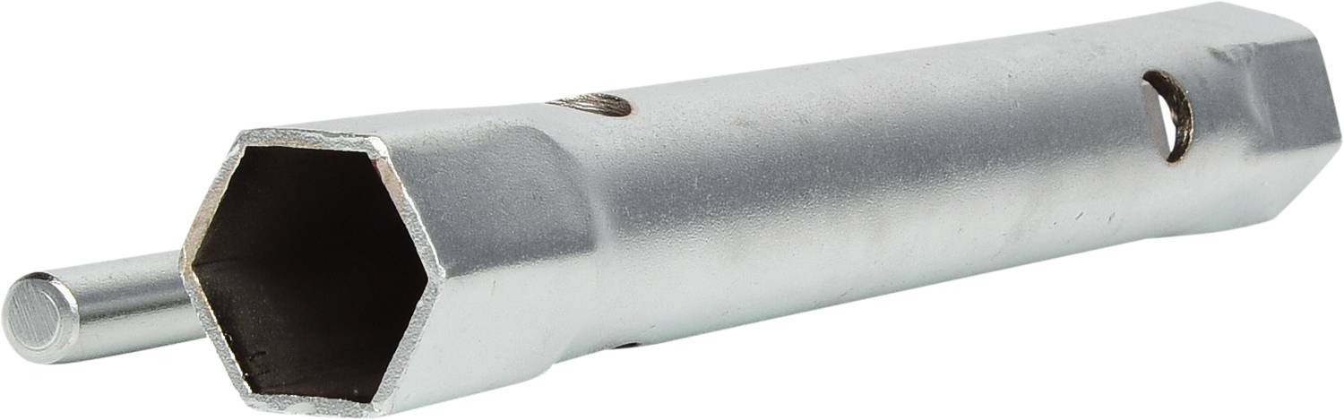 Ein silberner Sechskantschlüssel mit einem langen Griff, verwendet zum Anziehen oder Lösen von Schrauben oder Muttern.