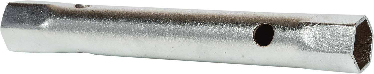 Ein silberfarbener Schraubenschlüssel mit einem Loch in der Mitte. Die Enden sind unterschiedlich geformt, um verschiedene Muttern zu greifen.