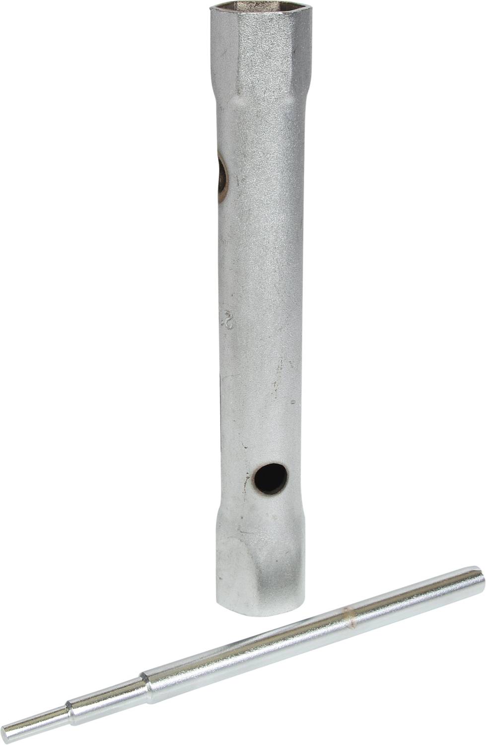 Ein silbernes Metallwerkzeug mit zwei Stangen. Eine Stange mit kreisförmigen Ausschnitten, die andere dünner und länger.