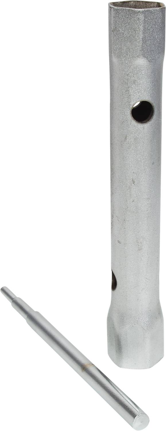 Zwei Sechskantschlüssel aus Metall, einer aufrecht, der andere liegend. Werkzeuge zum Lösen oder Anziehen von Schrauben.