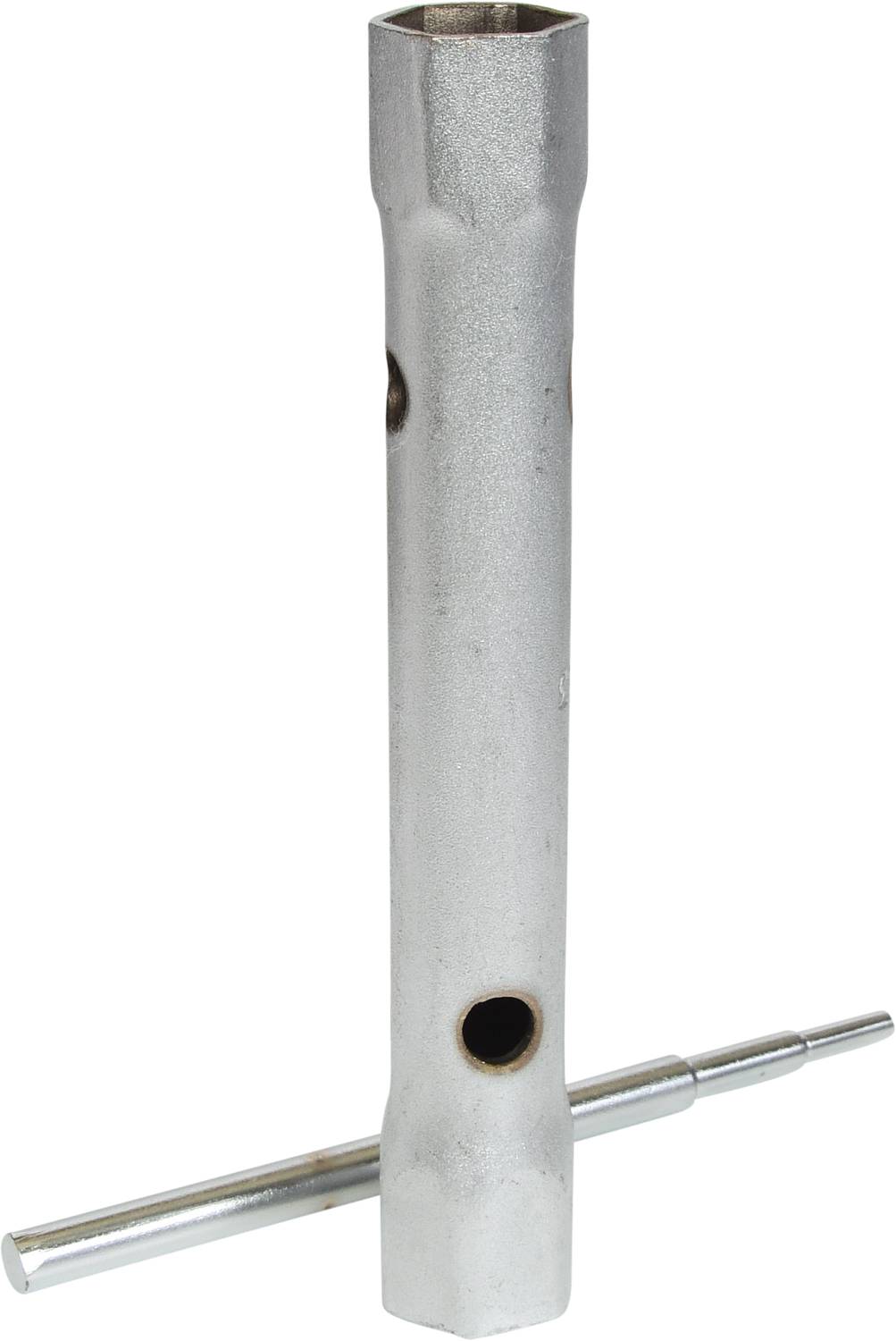 Ein silberner Kerzenschlüssel mit Griffstange, verwendet zum Festziehen oder Lösen von Zündkerzen.