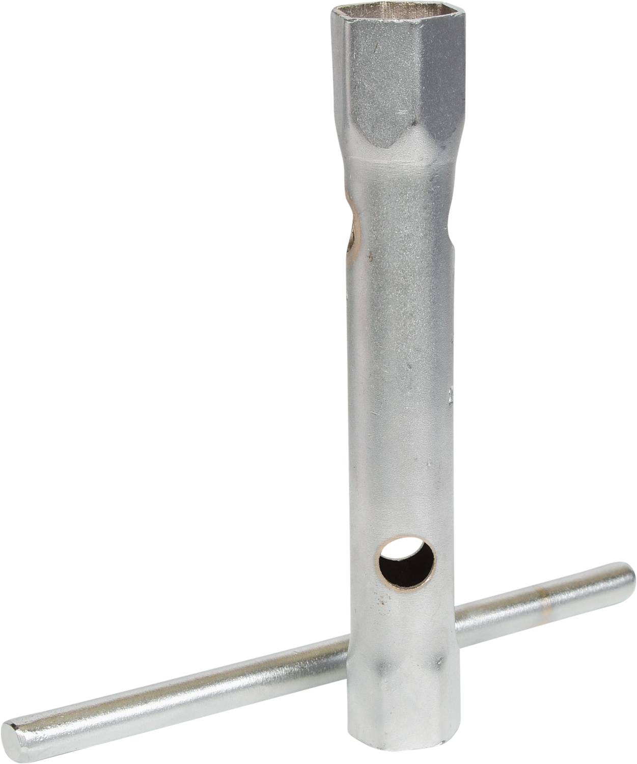 Ein Zündkerzenschlüssel aus Metall, bestehend aus einem zylindrischen Rohr mit einem T-förmigen Griff.