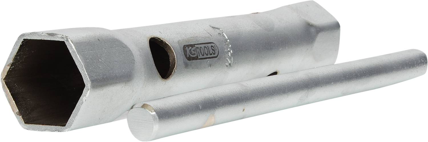 Zwei Metallwerkzeuge: ein sechskantiger Rohrschlüssel mit seitlichen Öffnungen und ein dazugehöriger runder Stab zum Drehen.