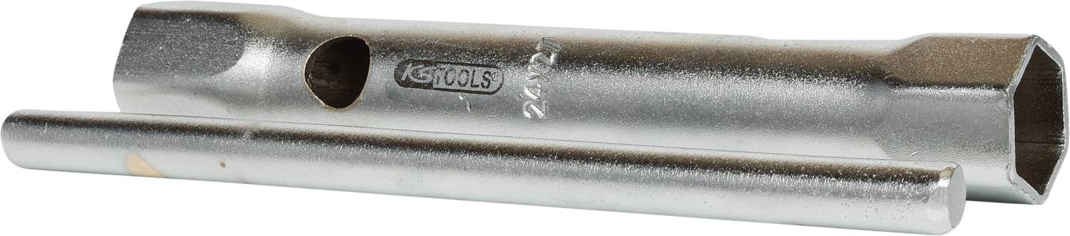 Ein silberner Zündkerzenschlüssel mit einem separaten Hebel, sichtbar auf einer weißen Oberfläche.