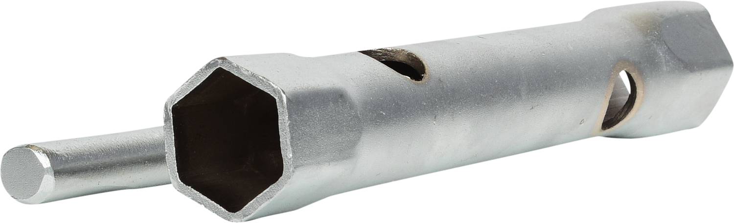 Metallschraubenschlüssel mit sechseckigem Ende und Handgriff, geeignet zum Festziehen von Schrauben, auf weißem Hintergrund.