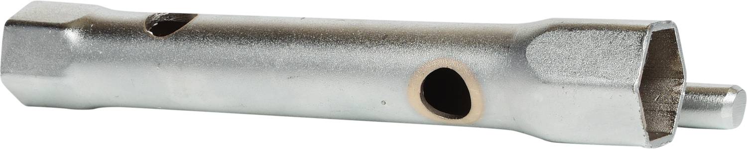 Metallischer Zündkerzenschlüssel mit zwei Sechskantöffnungen unterschiedlicher Größe zum Entfernen und Einsetzen von Zündkerzen.