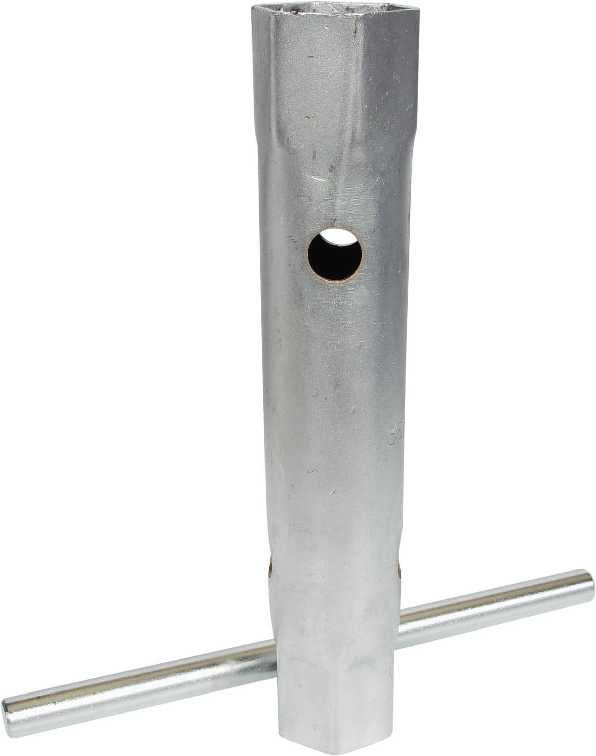 Silberner T-Schlüssel mit rundem Griff, vermutlich ein Werkzeug, möglicherweise für die Arbeit mit Röhren oder Ventilen geeignet.