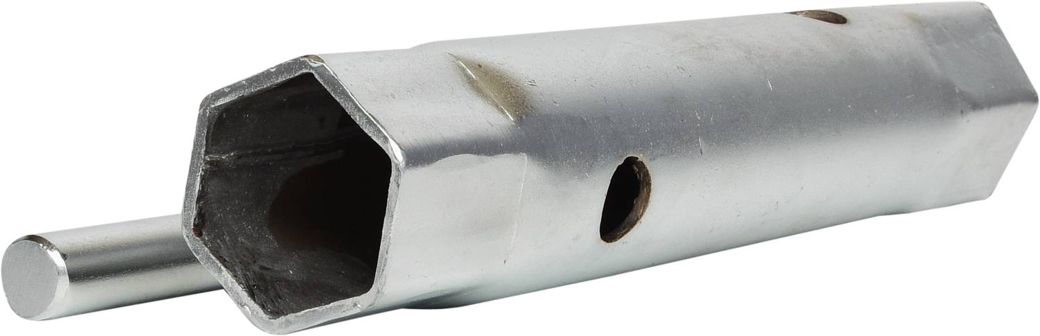 Ein silbernes Sechskantschlüsselwerkzeug mit zwei Löchern, das hauptsächlich zur Befestigung oder Lockerung von Schraubenmuttern verwendet wird.