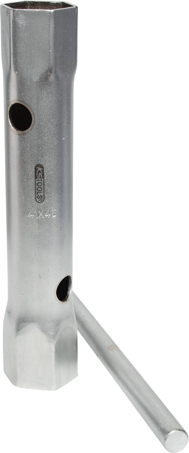 Metallschraubenschlüssel mit schlanker, zylindrischer Form und mehreren Löchern. Ein abnehmbarer Hebel ist daneben platziert.