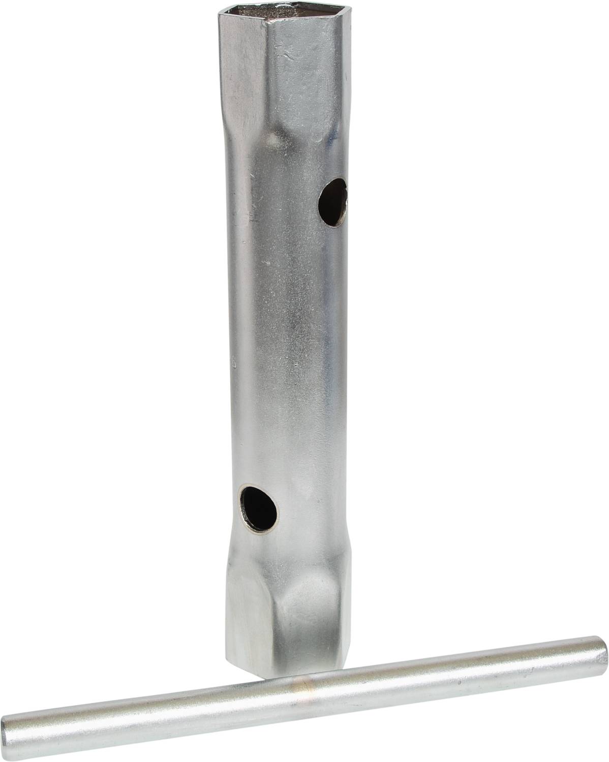 Ein silberner Kerzenschlüssel mit einem separaten drehbaren Griff, verwendet zum Lösen oder Anziehen von Zündkerzen in Motoren.