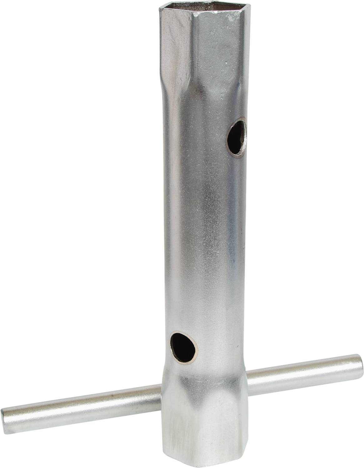 Ein silberfarbiges Zündkerzenschlüsselwerkzeug aus Metall mit einem langen Griff und zwei Löchern für Hebelwirkung.