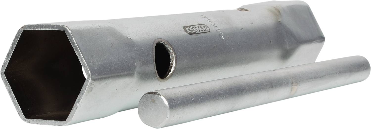 Ein silberner Sechskantschlüssel mit einem passenden Metallstift daneben, wahrscheinlich für das Entfernen oder Festziehen von Muttern.