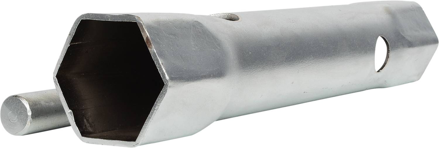 Ein silberner, sechseckiger Steckschlüssel aus Metall mit einem kleinen Griff. Geeignet zum Lösen und Festziehen von Schraubenmuttern.