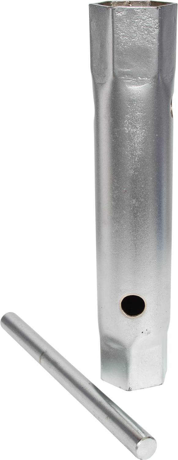 Ein silberner Zündkerzenschlüssel mit einem separaten Metallstab, der als Hebel dient, um Zündkerzen zu installieren oder zu entfernen.