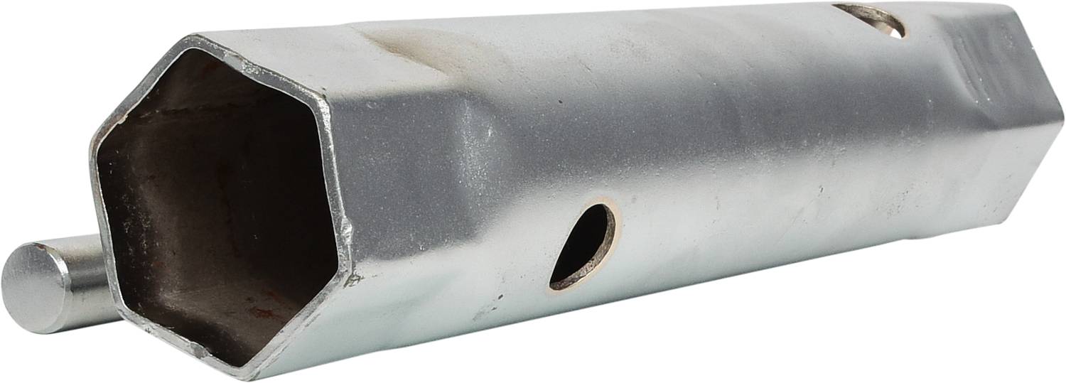 Silbernes, sechseckiges Werkzeug mit Griff, vermutlich ein spezieller Schraubenschlüssel.