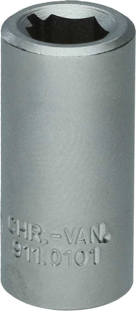 Metallnuss mit sechskantiger Öffnung, graviert mit 'CHR-VAN 911.0101'. Werkzeug für Schrauben, zylindrische Form.