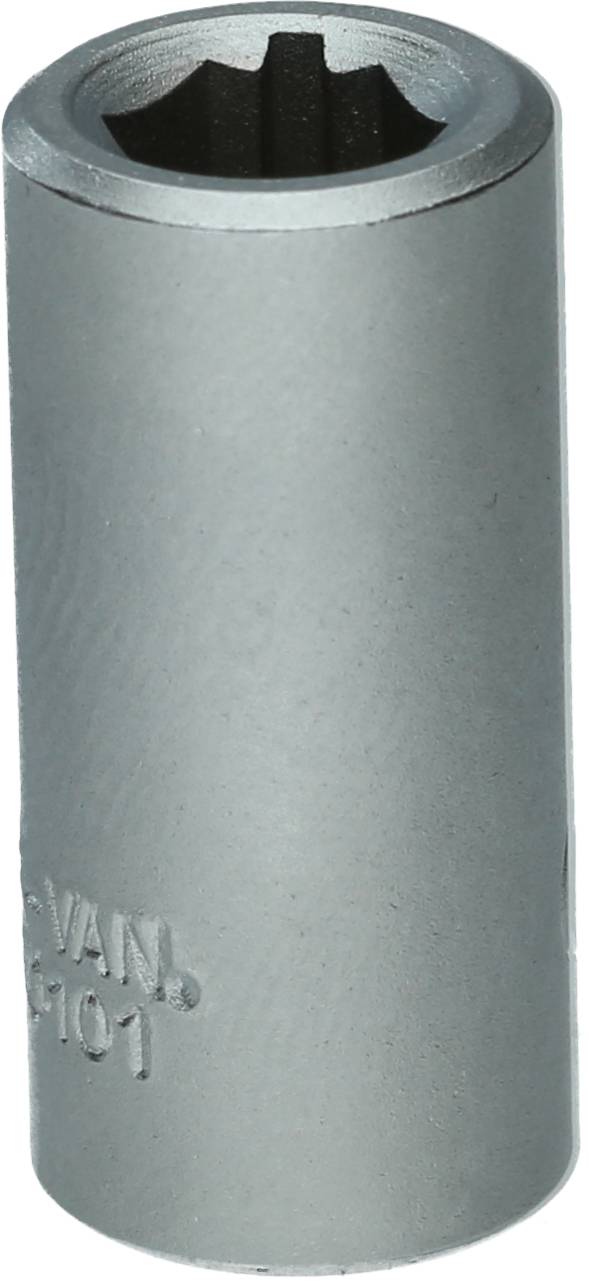 Ein silberner Steckschlüssel mit sechskantiger Öffnung, geeignet für Schrauben und Muttern, abgebildet auf weißem Hintergrund.