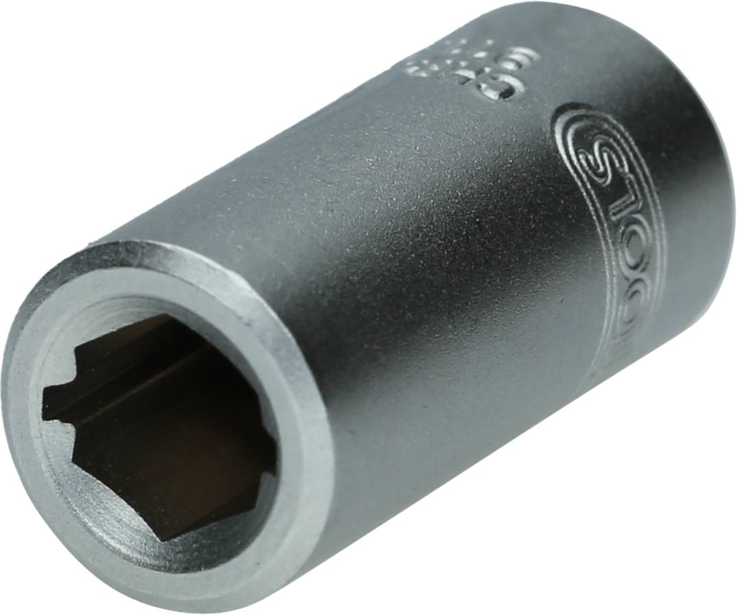 Sechskant-Steckschlüssel in Nahaufnahme, metallisch glänzend, liegt auf weißem Hintergrund.