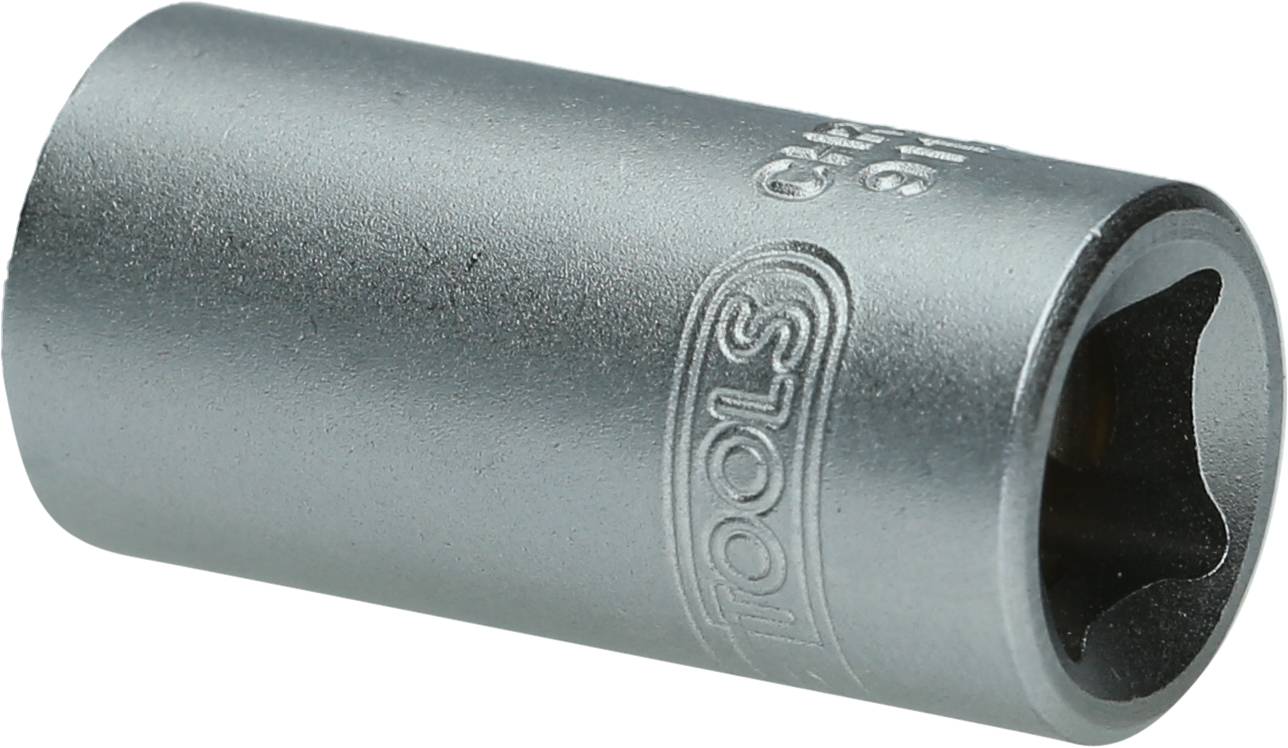 Metallische Stecknuss mit sechsseitigem Innenprofil. Eignet sich zum Anziehen oder Lösen von Schrauben und Muttern.