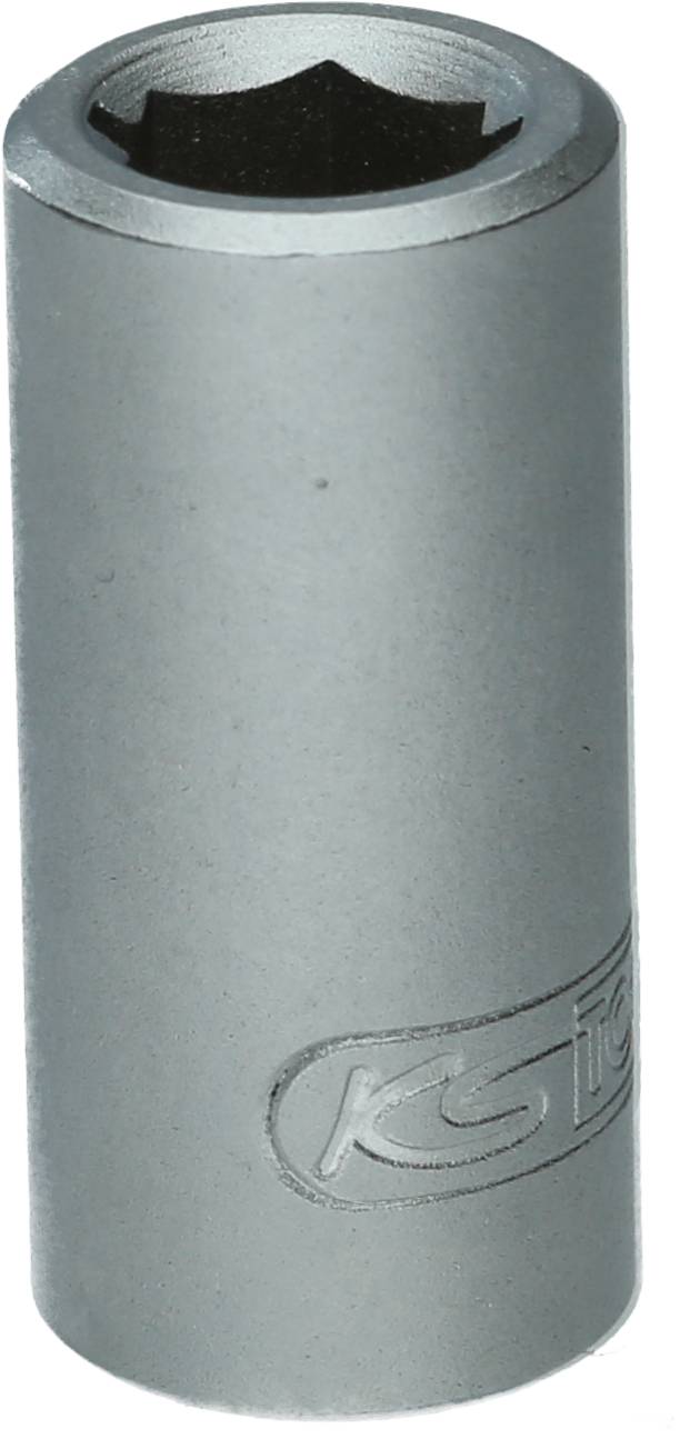 Silberne Sechskant-Nuss mit Gravur auf der Seite. Werkzeug zur Verwendung mit Schraubenschlüsseln oder Ratschen.