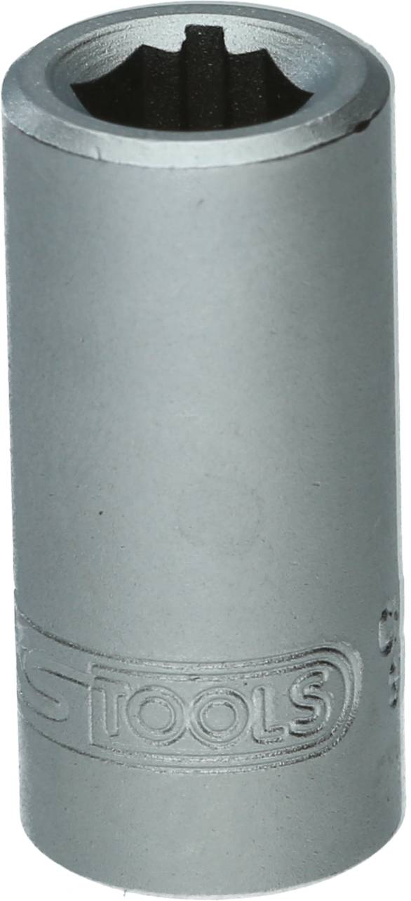 Silberne Stecknuss aus Metall mit geprägtem Logo, verwendet für Werkzeuge zur Befestigung von Muttern und Schrauben.