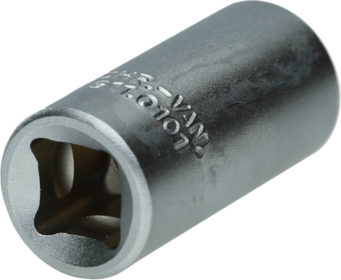 Ein silberner Steckschlüssel-Aufsatz mit runden Kanten. Auf der Seite steht eine Nummer und ein Text. Nutzbar mit einem Schraubenschlüssel.