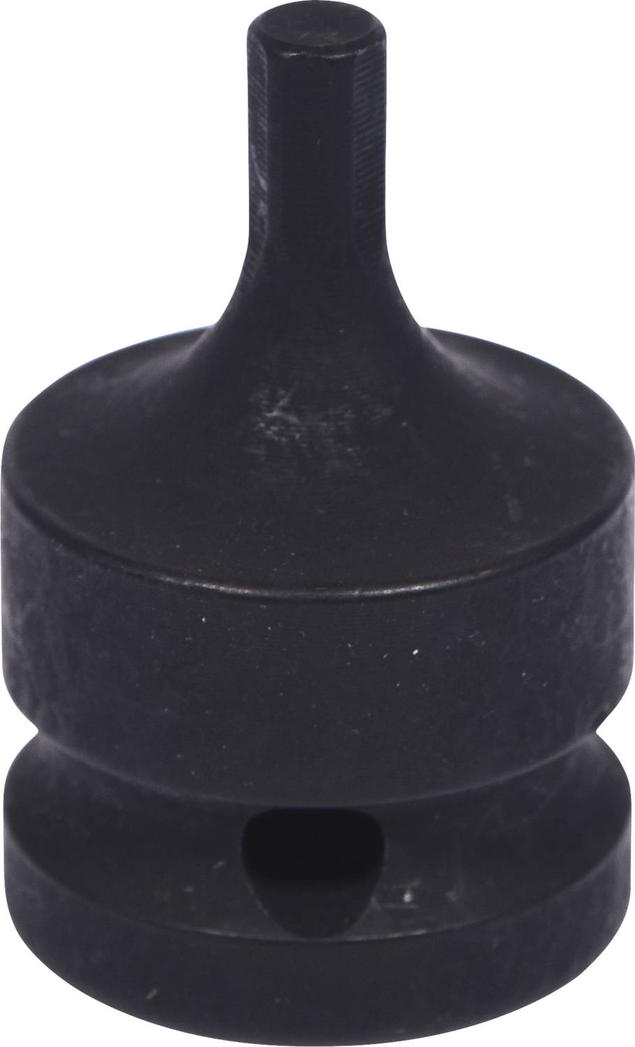 Ein schwarzer, zylindrischer Plastikstöpsel mit einer spitz zulaufenden Oberseite und einer Aussparung am unteren Rand.