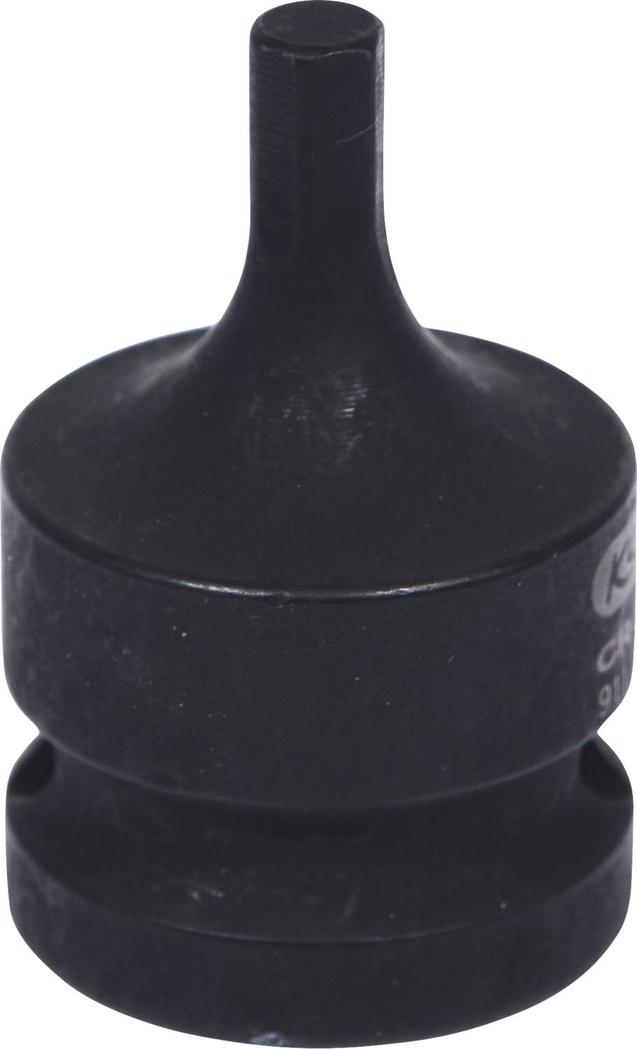 Schwarzer, zylindrischer Adapter mit schmaler Spitze und breiter Basis, aus einem festen Material gefertigt.