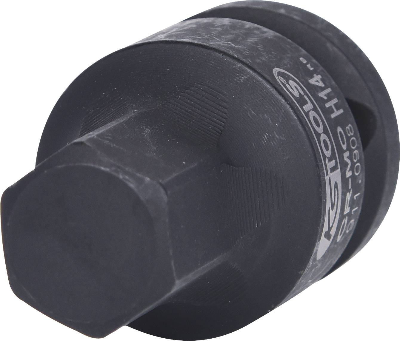 Schwarzer Metallaufsatz mit sechseckigem Kopf und seitlichem Etikett 'KS Tools'. Werkzeug, möglicherweise für Schrauben.