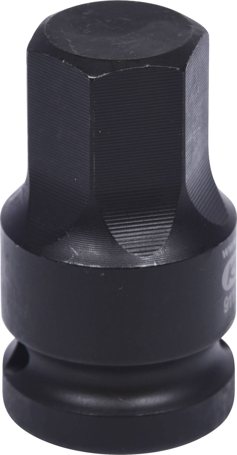 Ein schwarzer, sechseckiger Werkzeugaufsatz aus Metall zur Montage und Demontage von Schrauben, mit glatter Oberfläche und robustem Design.