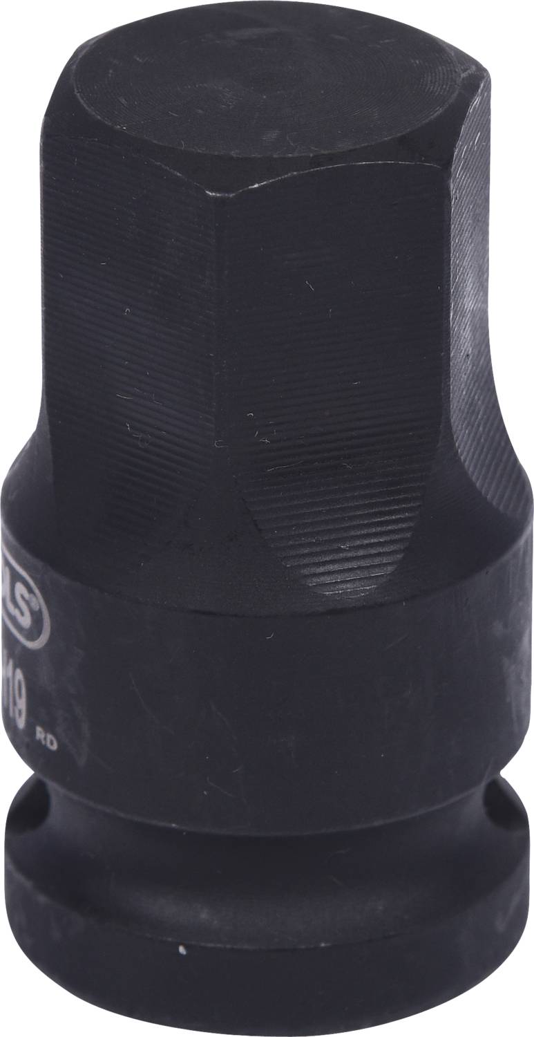 Schwarze Sechskant-Schraubenmutter aus Metall mit geriffelter Oberfläche und abgerundeten Kanten.