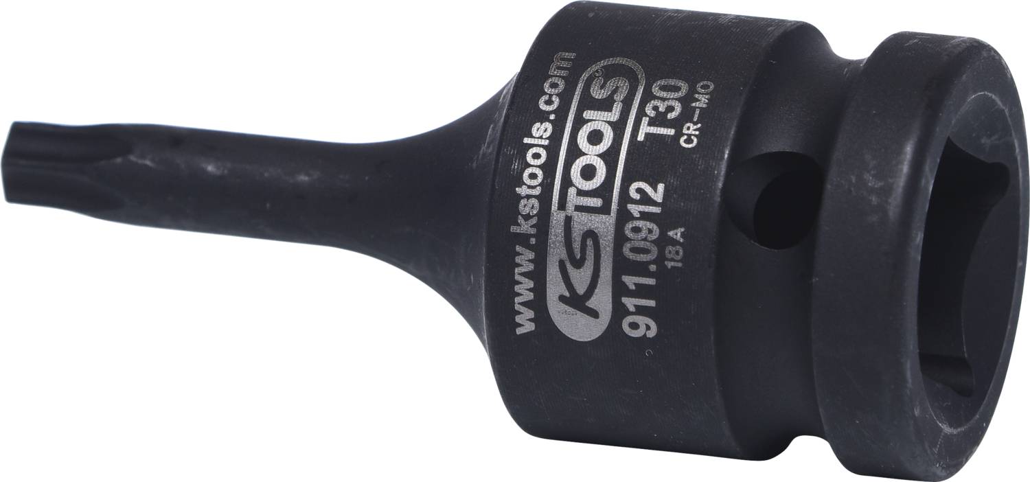'KS Tools' Steckschlüssel-Einsatz mit der Bezeichnung T30, Modellnummer 911.0912. Dunkelgrau, aus CR-MO-Stahl hergestellt.