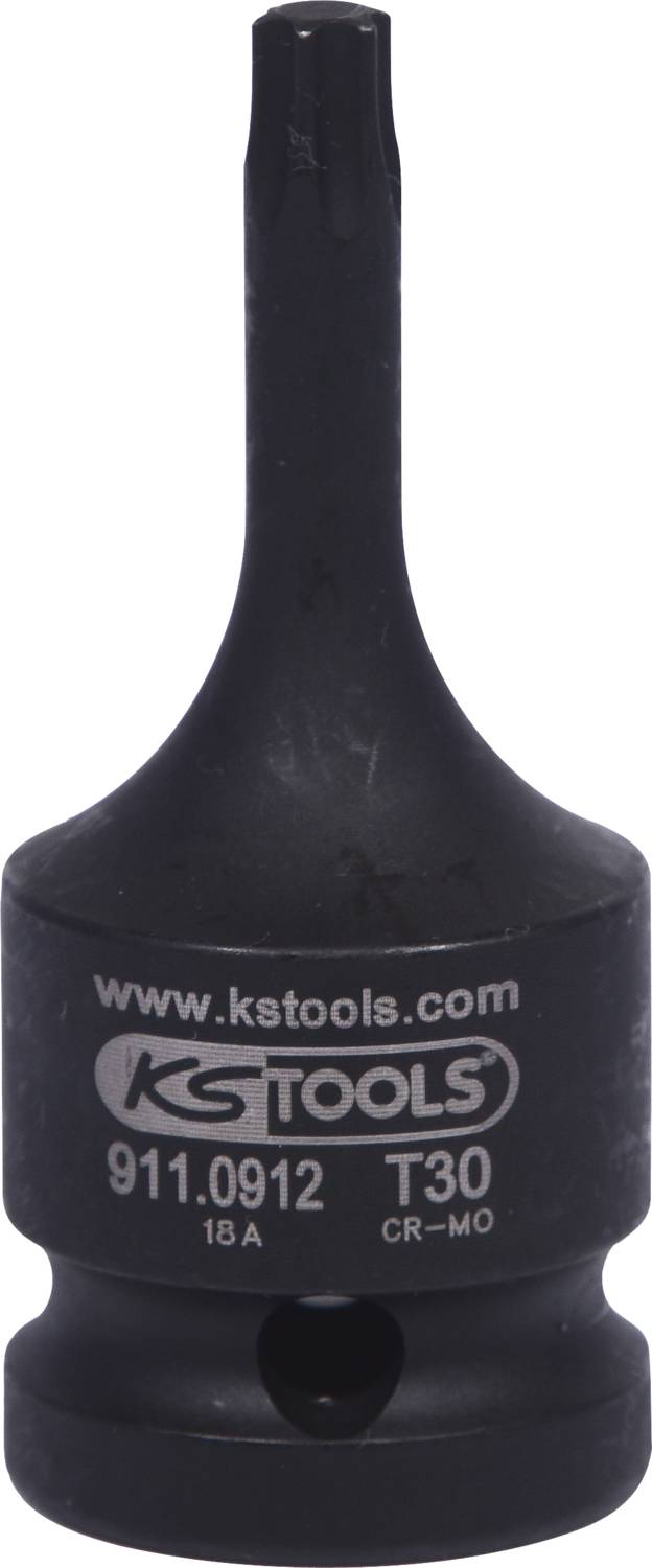 Abbildung eines schwarzen T30 Torx-Bit-Aufsatzes von KS Tools mit Produktnummer 911.0912 auf der Vorderseite.