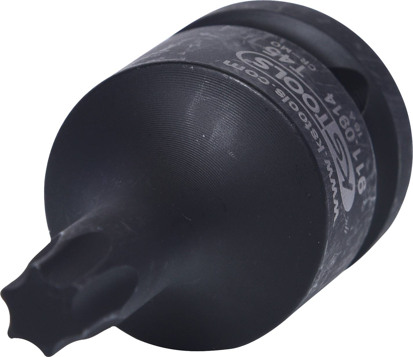 Schwarzen, zylindrischen Bohreraufsatz mit Torx-Kopf für Präzisionsarbeiten. Aufschrift enthält Markendetails und Seriennummer.