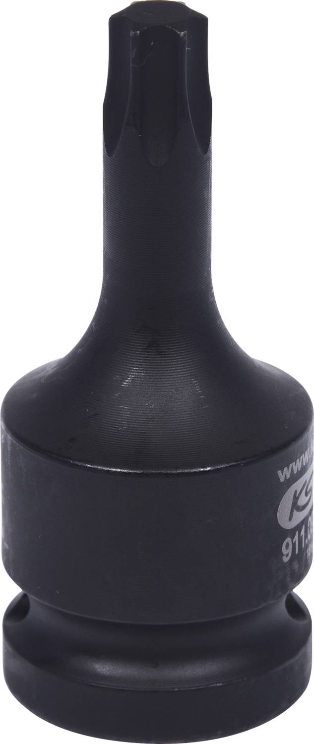 Ein schwarzer Werkzeugaufsatz mit einer sternförmigen Spitze, geeignet für Torx-Schrauben, auf einem weißen Hintergrund.