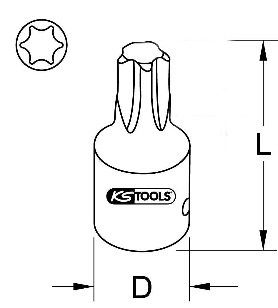 Abbildung eines Torx-Profils mit den Abmessungen D und L; Werkzeug mit dem Label 'KS Tools' markiert.