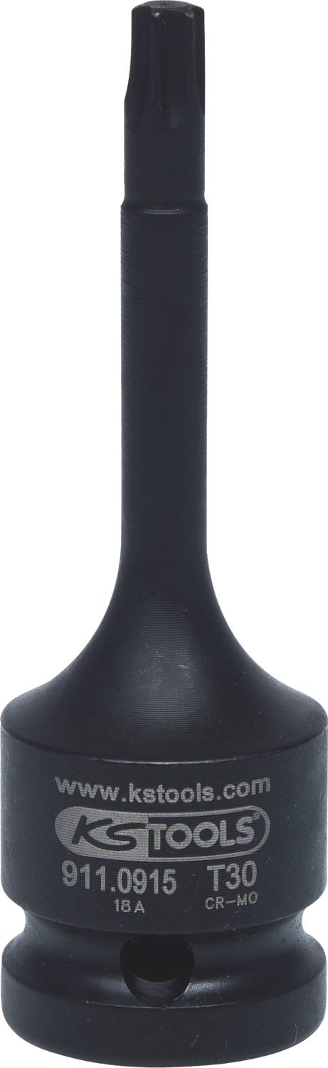 Schwarzer T30-Torx-Nussaufsatz der Marke KS Tools aus CR-MO-Stahl, Modellnummer 911.0915, für mechanische Anwendungen.