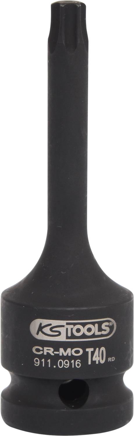 Bit-Werkzeugaufsatz, Größe T40, mit langem Schaft, schwarzes Material mit Aufschrift 'KS Tools CR-MO T40 RD 911.0916'.