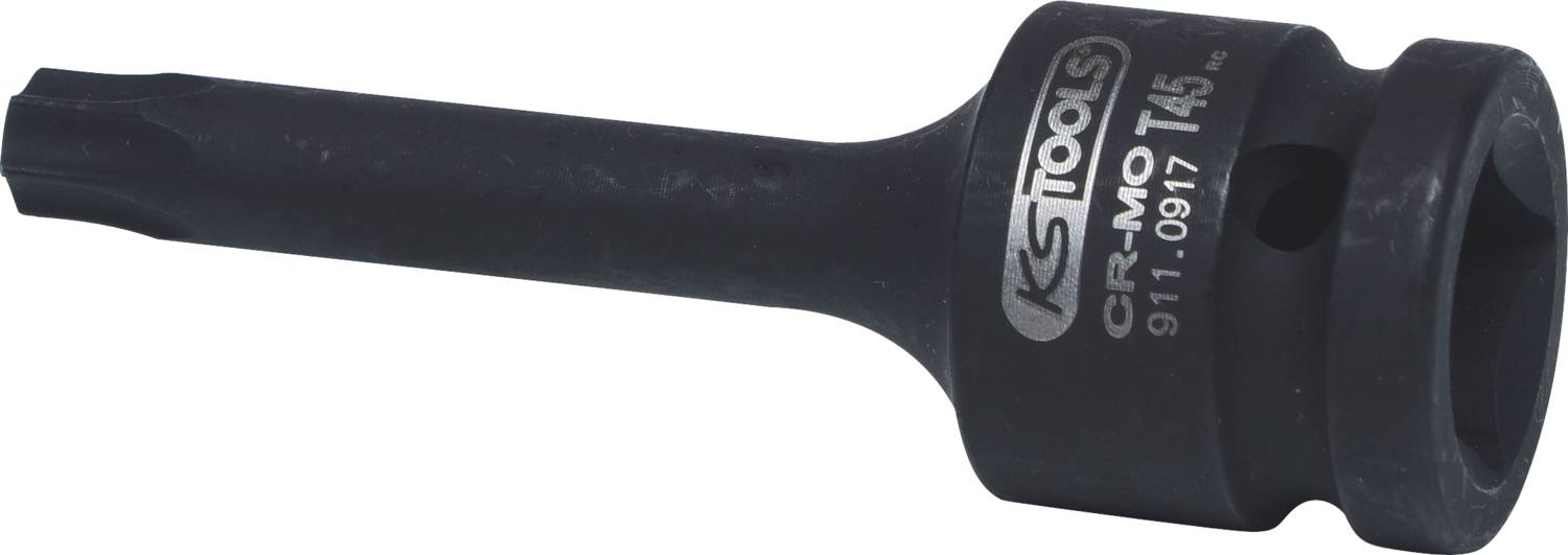 Torx-Bit-Einsatz mit T45-Kopf, schwarzes Material, seitlicher Aufdruck 'KS TOOLS' und weitere Seriennummer, grobe Oberfläche.