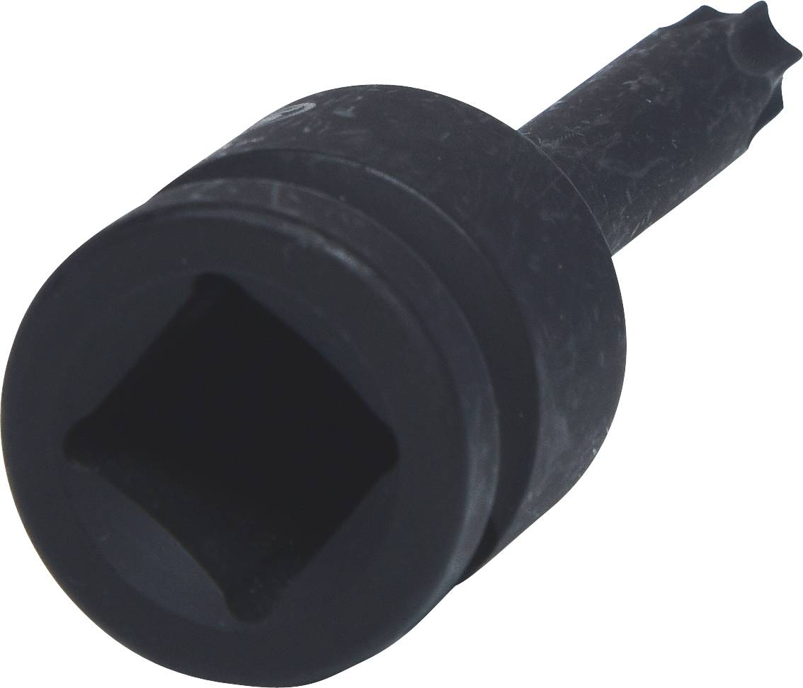 Schwarzes Werkzeugteil mit quadratischer Öffnung vorne und spiralförmigem Ende. Dient vermutlich zum Antrieb von Maschinen.