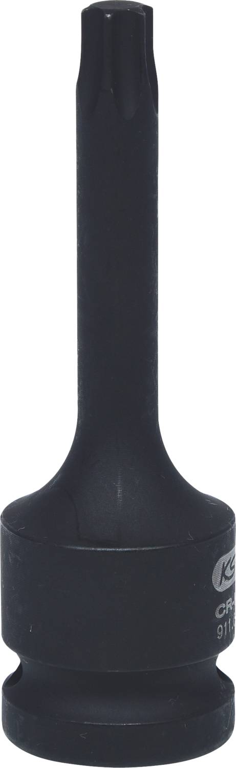 Ein schwarzer, langer Metallbit in zylindrischer Form, wahrscheinlich ein Spezialwerkzeug, auf weißem Hintergrund.