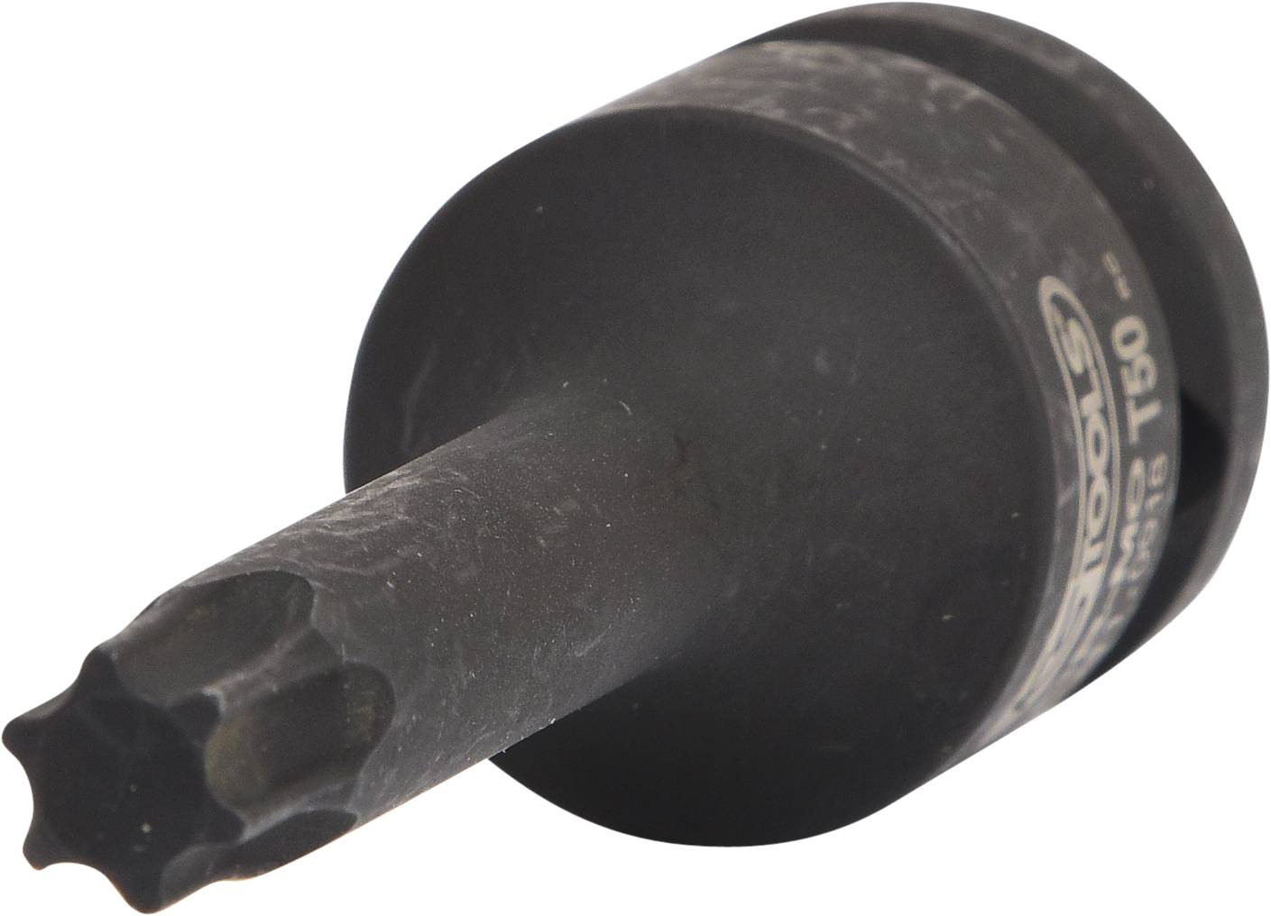 Ein schwarzer Schraubendreher-Aufsatz mit sternförmiger Spitze, geeignet für Torx-Schrauben, liegt schräg auf einer neutralen Oberfläche.