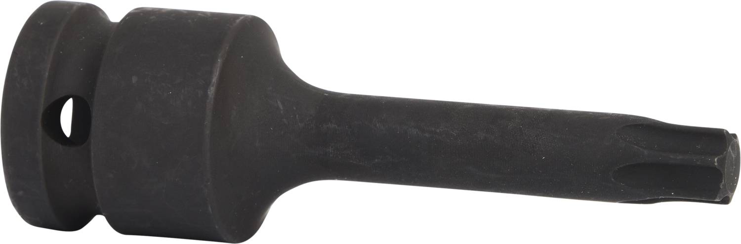 Ein schwarzer Bit-Halter mit sechskantiger Aufnahme und rundem Kopf. Er dient zum Einspannen von Bits in Bohrmaschinen oder Akkuschraubern.