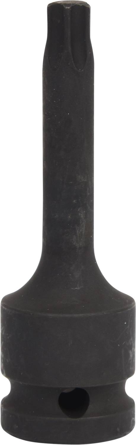 Langer, schwarzer Steckschlüsselaufsatz mit sechskantigem Loch unten und sternförmigem Kopf oben, geeignet für spezielle Befestigungen.
