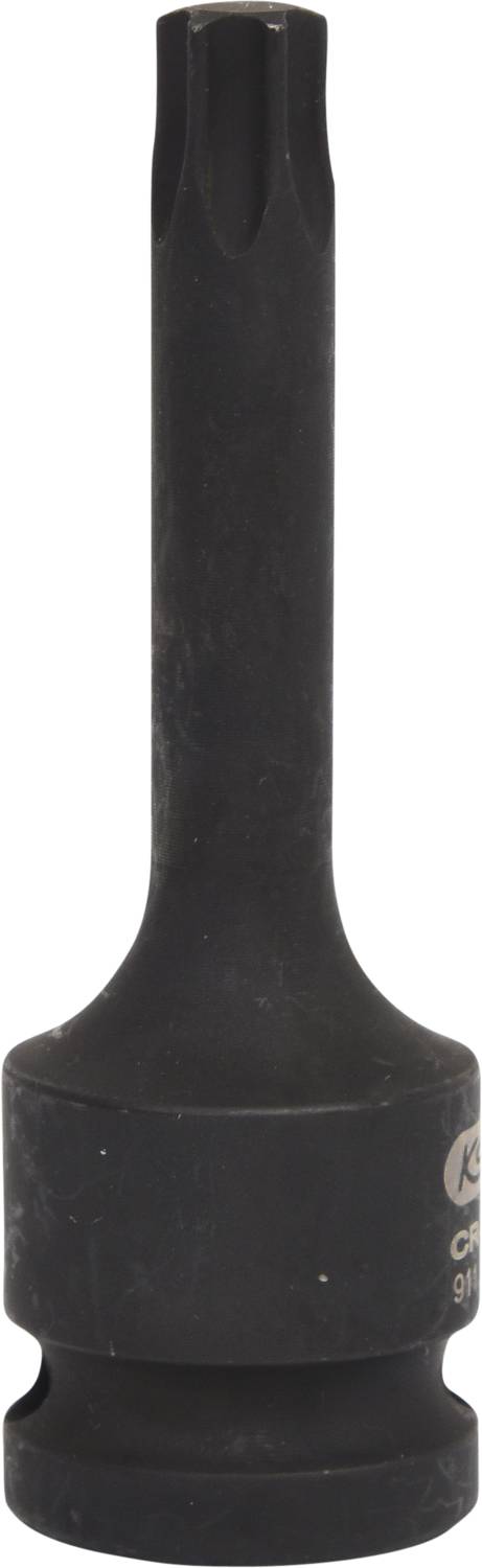 Eine lange, schwarze Schraubbuchse aus robustem Material mit geriffeltem Ende, geeignet für spezielle Schraubverbindungen.