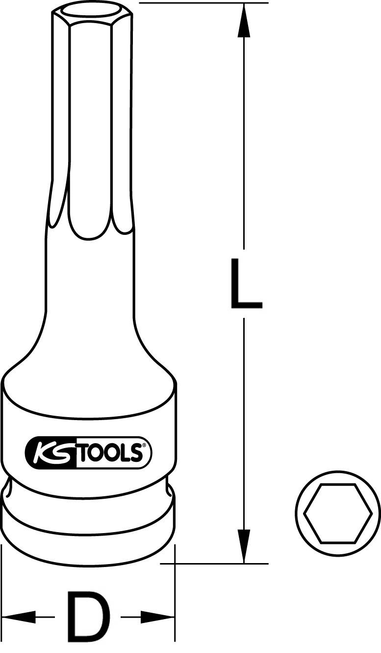 Zeichnung eines Innensechskant-Steckschlüssels mit den Maßen: Länge (L) und Durchmesser (D) markiert. Markenlogo 'KS TOOLS'.