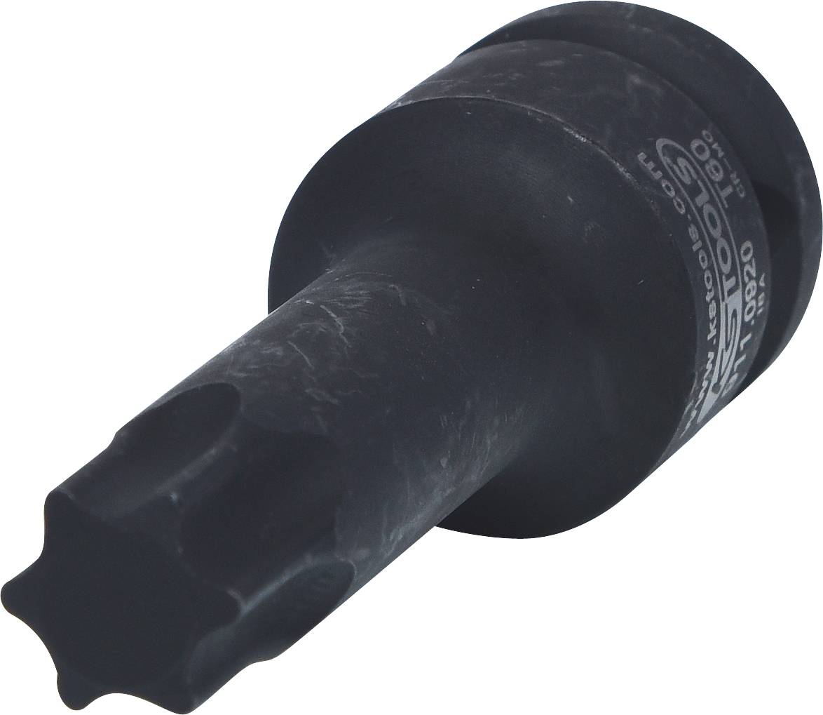 Steckschlüssel mit sternförmiger Öffnung für speziellen Schraubenantrieb. Schwarze Oberfläche, robustes Design.