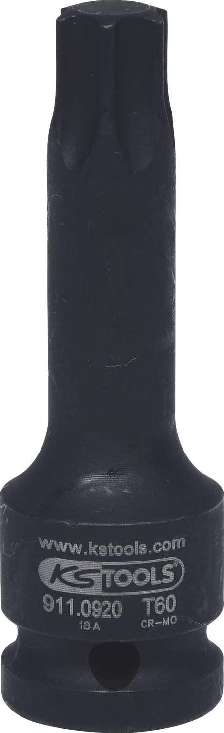 Ein schwarzer Torx-Bitaufsatz der Marke 'KS Tools' mit der Aufschrift 'www.kstools.com 911.0920 T60 CR-MO'.