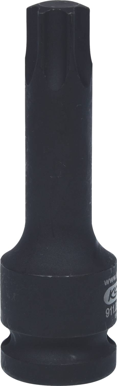 Eine lange, schwarze Torx-Stecknuss für den Einsatz mit Schraubenschlüsseln oder Ratschen zur Anziehung von Torx-Schrauben.